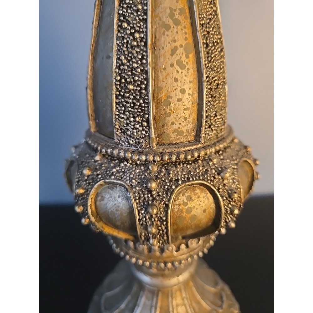 Silver Bronze Tone Embossed Beaded Pedestal Candle Holders 12" Tall Resin - Picture 6 of 11
